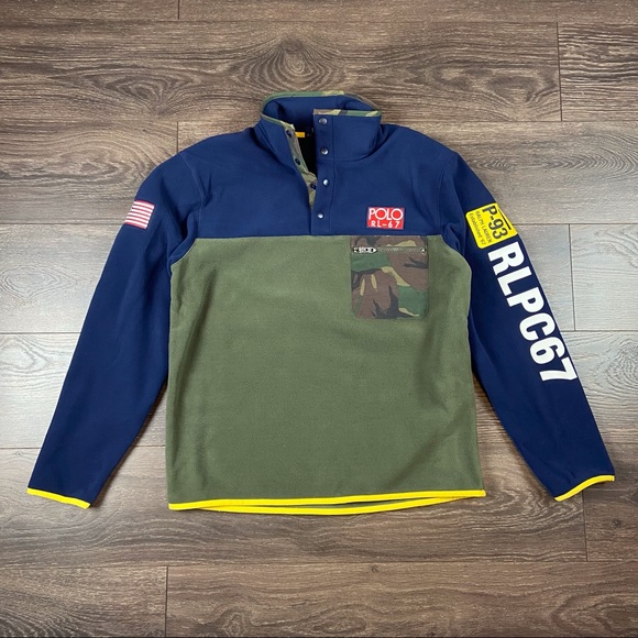 Polo Ralph Lauren RLPC67 Snap Button Pullover Fleece Jacket Navy Green Mens